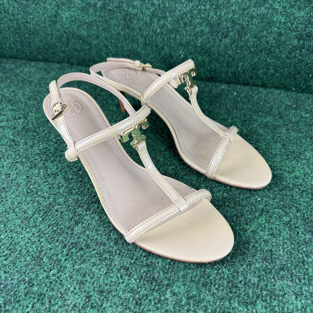 Tory Burch T Strap Logo Saffiano Patent Leather Heels Sandal Size 9 M